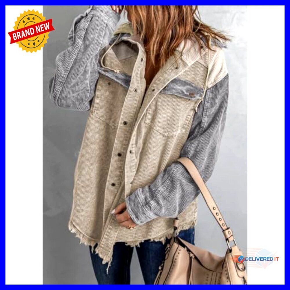 Corduroy Shacket Jacket Oversized Chic Button Down Hooded Coat with Pockets - Picture 3 of 7